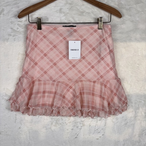 Forever 21 Dresses & Skirts - Forever 21 Pink Plaid Mini Skirt M Ruffle Hem Stretchy Coquette Schoolgirl Sexy